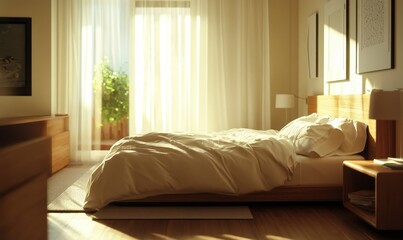Fototapeta premium Peaceful modern bedroom with neutral-toned bedding, wooden furniture, and bright sunlight streaming in.