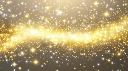 Glittering Dust on Transparent Background: Golden sparkling lights, Christmas Holiday glow particle, magic star effect.