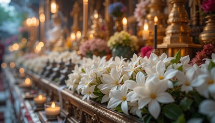 Delicate jasmine flowers adorning a traditional Thai altar during Songkran, surrounded by candles and incense, soft light highlighting the white petals
Generative AI