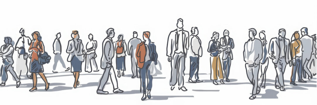 crowd group of people walking freehand ink sketch panorama view isolated on white background

