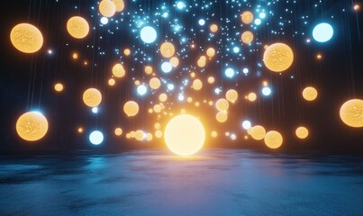 Capture the essence of creativity with a front-facing perspective of luminous spheres in a cosmic dance around a central core