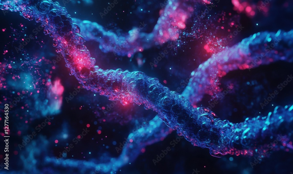 Poster abstract rendering of glowing dna strands floating in space, vibrant red and blue tones highlighting
