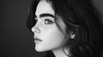 Fototapeta premium An artistic black-and-white close-up of a young woman's profile, her face partially illuminated by a soft, dramatic light