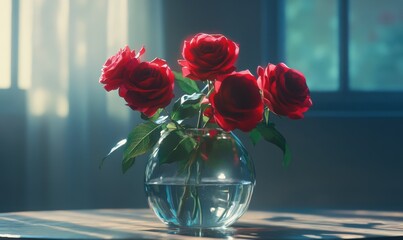 Bright red roses placed in a glass vase with natural light highlighting their lush petals and vibrant hues