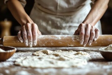 Asian female preparing dough with rolling pin in kitchen