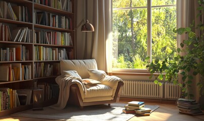 Cozy reading nook with a soft armchair, wooden bookshelf, and warm natural light streaming in from a nearby window.