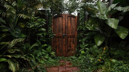 Old wooden door in the middle of a lush green garden. the door is made of dark wood and has a weathered, aged appearance.