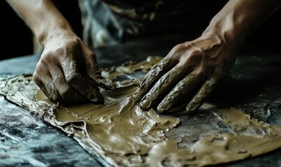 Artisan pottery workshop with hands molding clay, capturing the art of craftsmanship