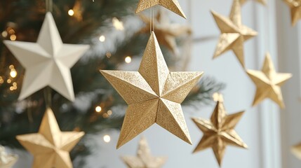 Obraz premium Sparkling gold and white stars hanging from a decorated Christmas tree in a cozy indoor setting