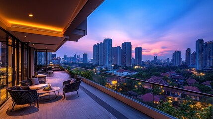 Obraz premium A modern balcony view overlooking a city skyline at dusk.