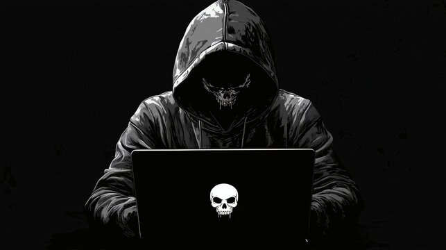 Hacker encapuchado utilizando port&aacute;til con s&iacute;mbolo pirata en pantalla