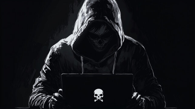 Hacker encapuchado utilizando port&aacute;til con s&iacute;mbolo pirata en pantalla