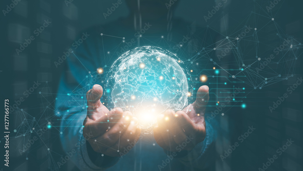 Aufkleber digital link tech, businessman holding global technology and media digital network connection, big d