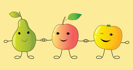 fruts go hand in hand after each other, cute fruits, pear, apple, orange, summer, fruits holding hands