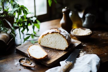 Freshly baked artisan bread on rustic wooden table