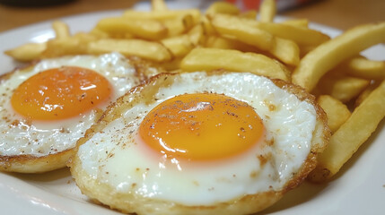 Huevos fritos con patatas  fritas en plato blanco