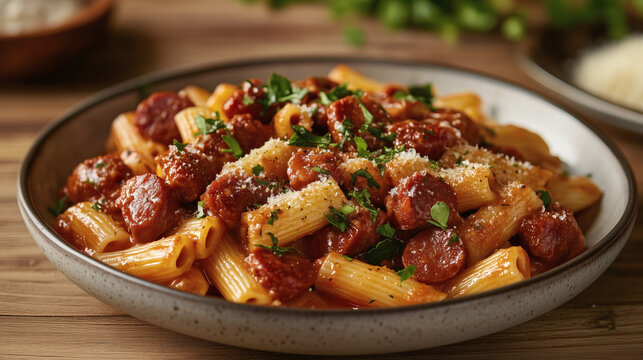Plato de macarrones con salsa de tomate, chorizo y queso parmesano
