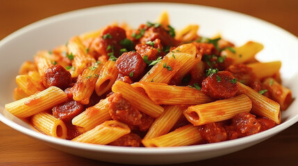 Plato de macarrones con salsa de tomate, chorizo y queso parmesano