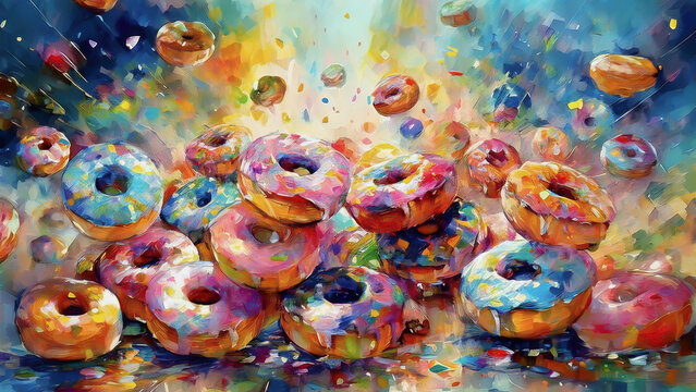 Lluvia de donas con glaciado y grageas de colores t&eacute;cnica de acr&iacute;lico con esp&aacute;tula