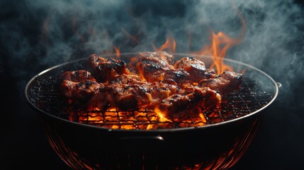 Grilling marinated chicken pieces over an open flame on a summer evening for a joyful outdoor gathering