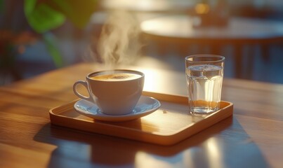Close-up of a steaming cup of espresso served on a wooden tray with a small glass of water, vibrant tones adding warmth, perfect for a coffee break,