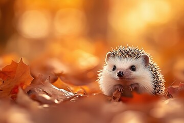 Obraz premium A cute hedgehog sitting on colorful autumn leaves in a warm, blurred background.