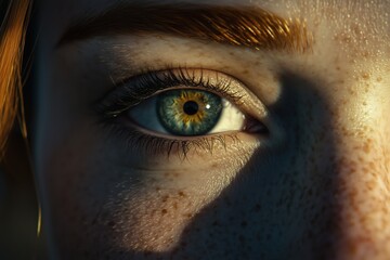A detailed close-up of a blue eye with freckles and vibrant colors.