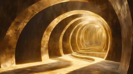 Obraz premium Explore the enigmatic golden stone labyrinth: a striking poster for sports interiors capturing adventure in dimly lit shadows. Dreamlike Labyrinth Passage. Illustration