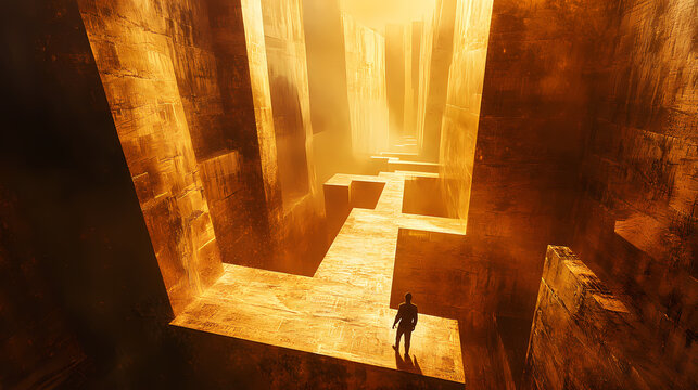 Explore the enigmatic golden stone labyrinth: a striking poster for sports interiors capturing adventure in dimly lit shadows. Dreamlike Labyrinth Passage. Illustration