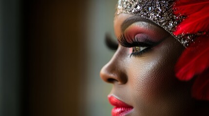 Elegant close-up of a model showcasing stunning makeup and bold accessories during a fashion event