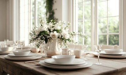 Fototapeta premium Elegant dining room setup with a rustic wooden table, white ceramic plates, and a centerpiece of fresh flowers, soft natural light streaming through large windows,