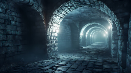 Futuristic underground space with stone walls and soft lighting. Dreamlike Labyrinth Passage. Illustration