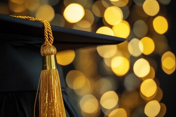 A close-up of a graduation cap with a golden tassel against a blurred golden bokeh background.