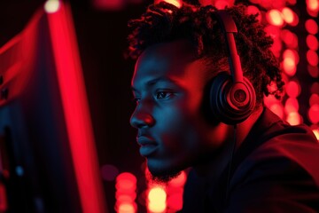 A young man wearing headphones, focused on a computer screen with red lighting.