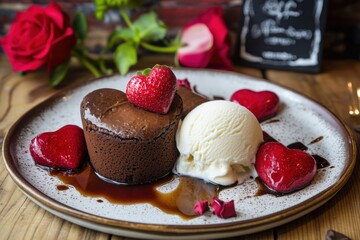 A delicious chocolate lava cake served with vanilla ice cream and fresh strawberries on a rustic plate.