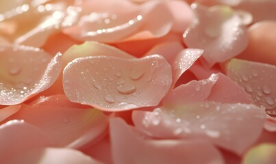 Close-up of soft pink rose petals with dew droplets, symbolizing elegance, romance, and timeless beauty.