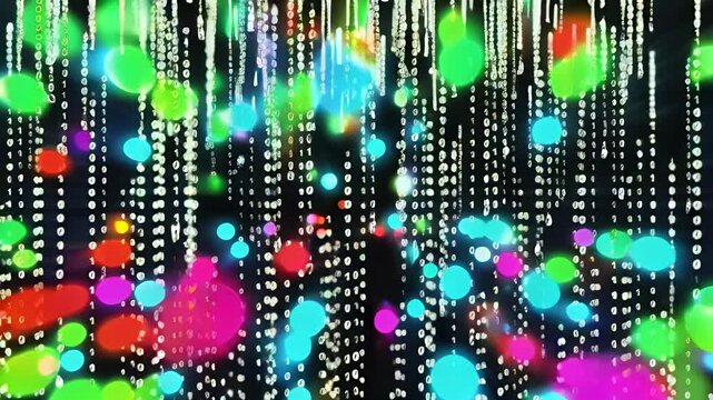 Digital data concept. Binary code falling with blue and red flickering dots on dark background. Technology visualization, Cyber security, Data processing, Artificial intelligence, Futuristic matrix