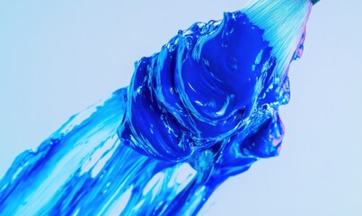 Close-up of a colorful paintbrush dipped in vibrant blue paint, detailed bristles and glossy texture, artistic creation concept, clean bright background