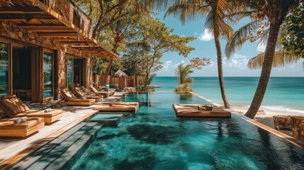 A serene tropical getaway featuring a luxurious pool and ocean view.