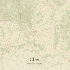 Vintage map of Cher, France.