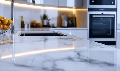 Elegant modern kitchen with high-end appliances, marble finishes, and soft lighting creating a luxurious and functional design
