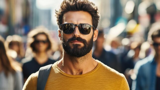 Stylish Young Man in Sunglasses Walking Through a Busy Street