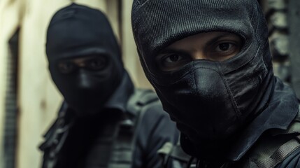 Two men wearing black face masks and black clothing. One of them is looking at the camera. Scene is serious and intense