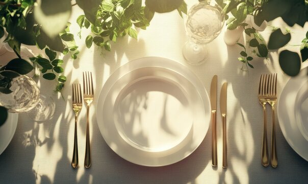 Elegant table setup with white porcelain plates, golden cutlery, and fresh greenery illuminated by soft natural light creating a sophisticated dining experience