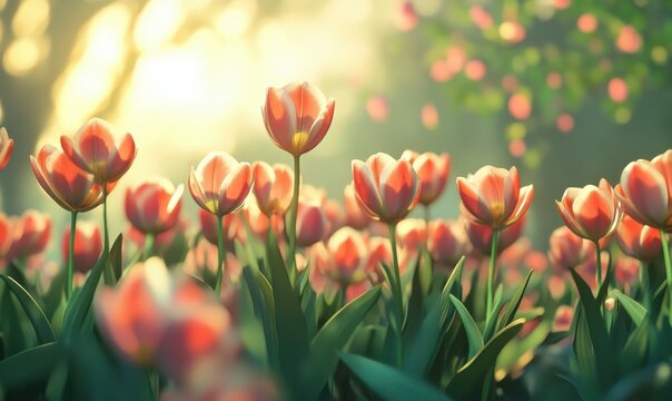 Elegant tulips growing against a soft spring background, symbolizing the arrival of warmer seasons.