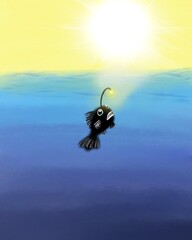 Cute hopeful anglerfish swimming towards the sunlight at the surface of the ocean
