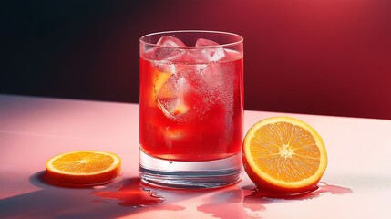 Tasty red drink with ice and oranges