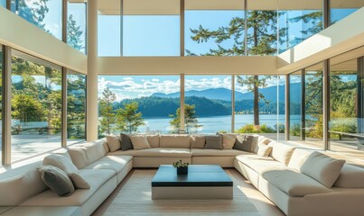 Fototapeta premium Minimalist living room with soft neutral tones, cozy throw pillows, and large floor-to-ceiling windows offering a scenic outdoor vie