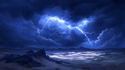 A dark stormy sky with lightning over the desert dunes
