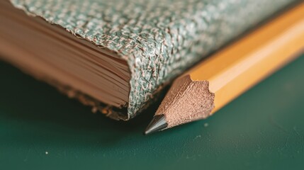 Close-up of a pencil resting on top of an open book. the pencil is yellow in color and has a sharp point. the book appears to be old and worn, with a green cover that has a textured pattern.